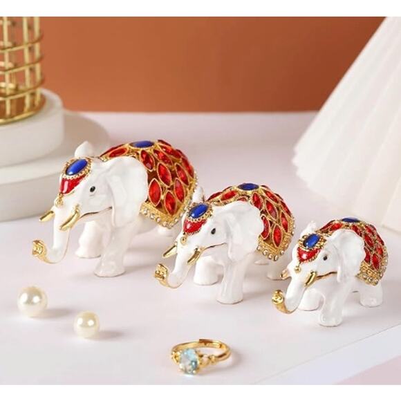 Elephant Family Trinket Boxes Hinged Hand-Painted family of Elephants*Gift Box - Picture 3 of 5